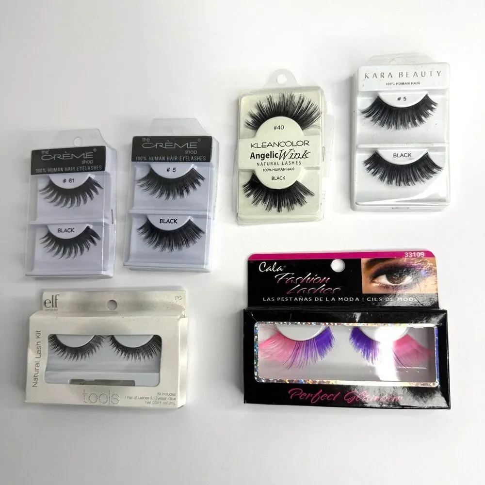 New False Eyelashes Lot of (6) Human Hair, Black, & Colorful Lashes